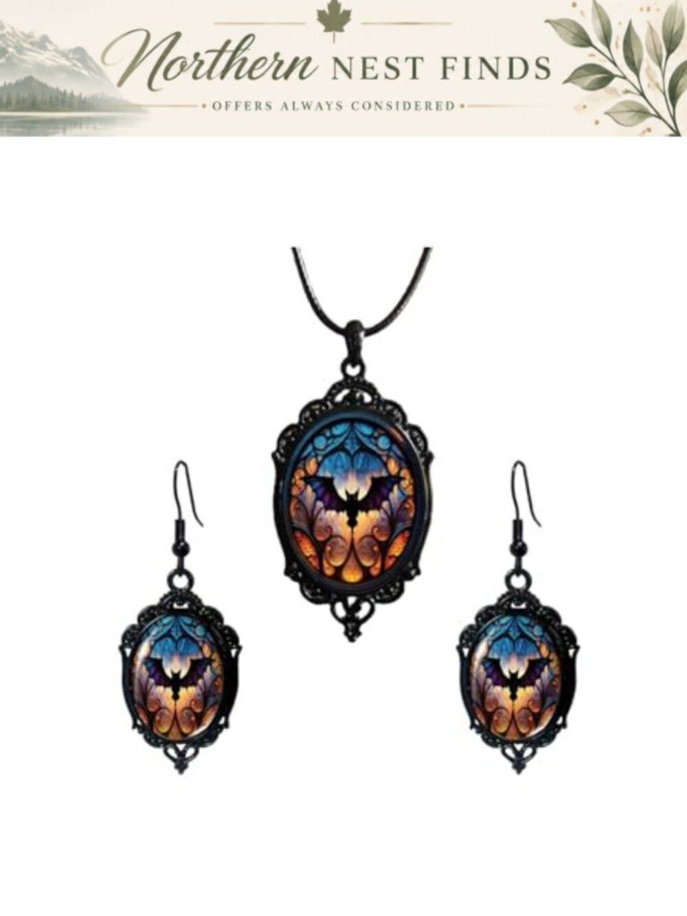Gothic Bat Necklace Earrings Set Rope Chain Oxidized Metal Halloween Jewelry